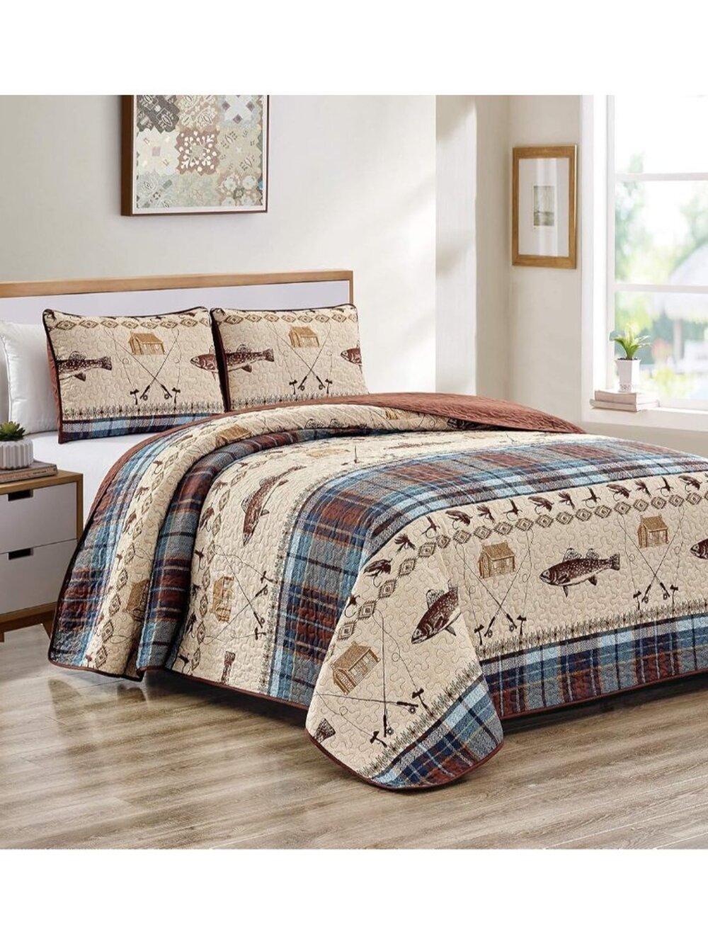 River Fly Fishing Themed Rustic Cabin Lodge Quilt Stitched Bedspread Bedding Set